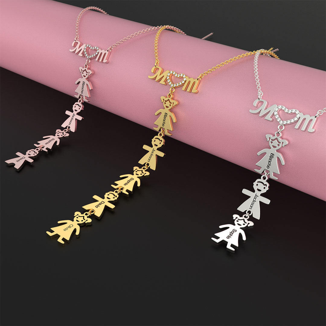 Stitching And Engraved Name MOM Doll Diamond Necklace With Clavicle Chain